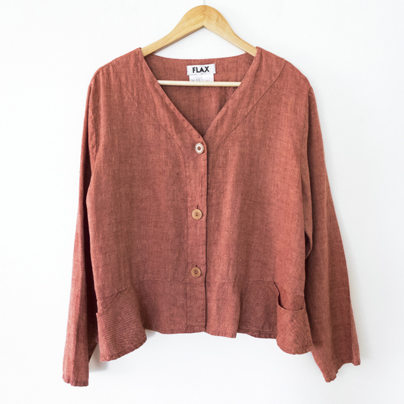 Flax Tops - Flax Linen Long Sleeve Peplum Button Down